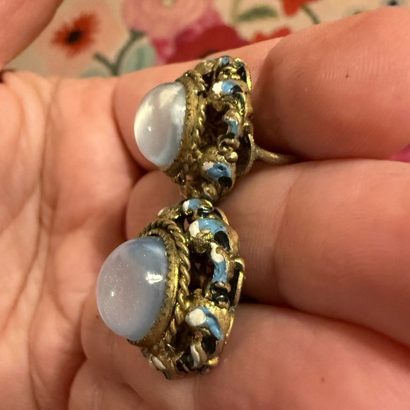 Elegant Gold and Blue Statement Clip On Czech Stamped Earrings - Picture 3 of 8